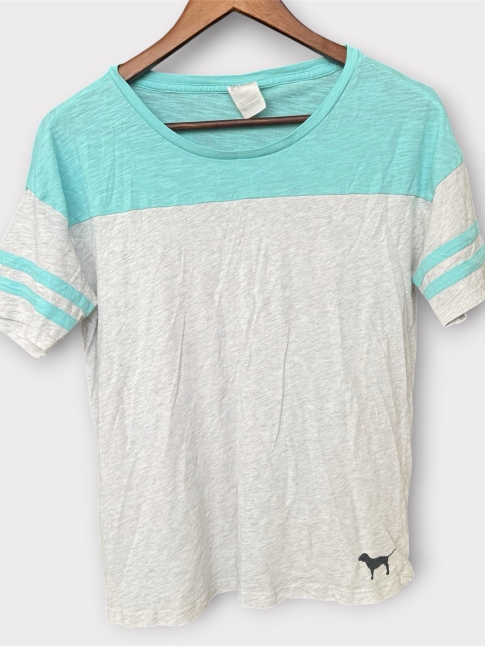 Pink Victoria’s Secret T-Shirt Gray Aqua Striped Shirt Short Sleeve Cotton Top S